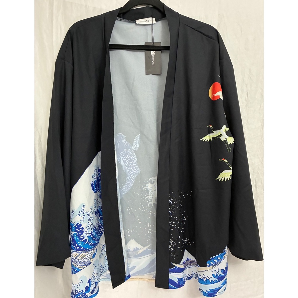 ChArmkpR Kimono Jacket Mens XXL Black Great Wave Koi Fish Japanese Streetwear